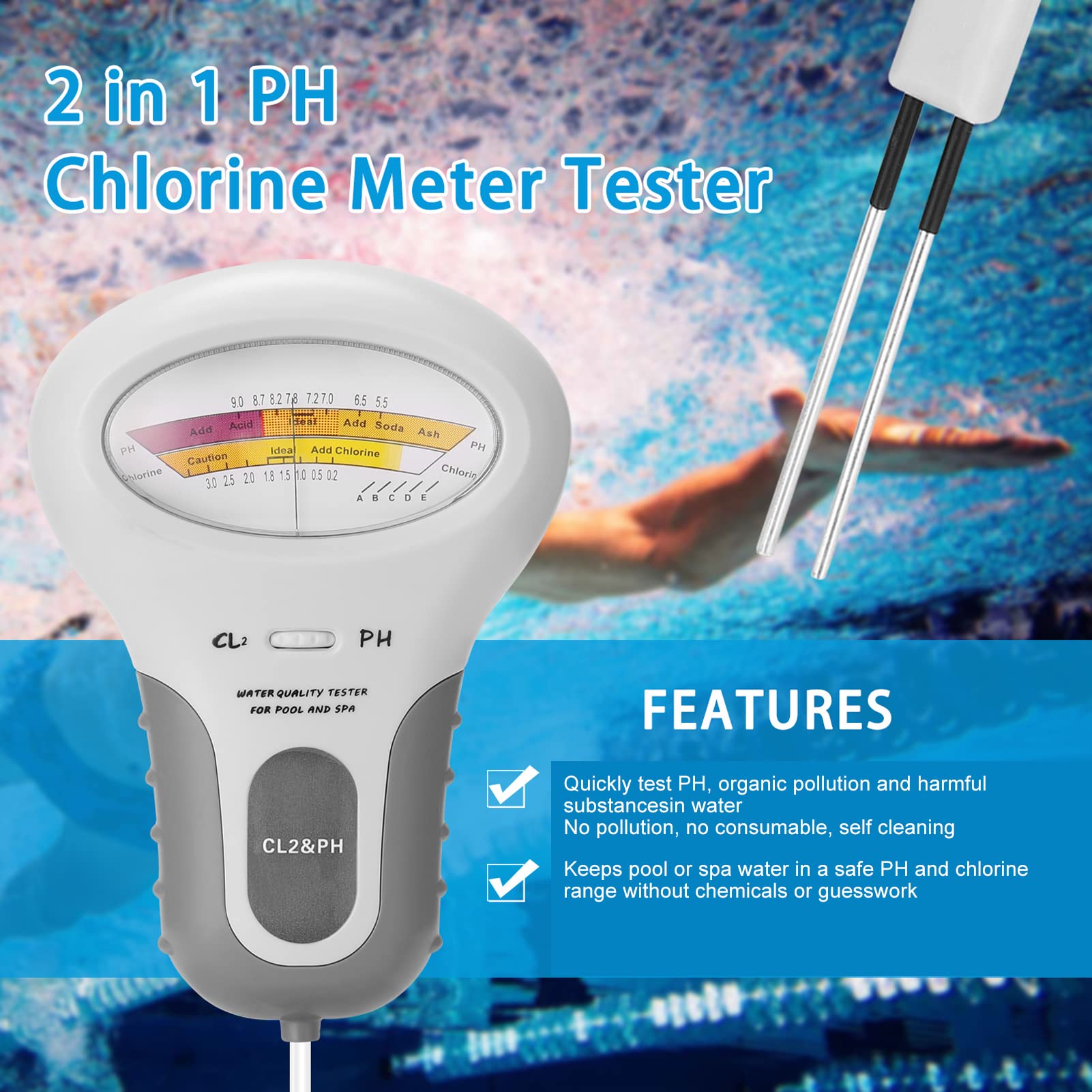 Vikye Testeur de qualité de l'eau, Précis et Fiable, Chlore d'eau et PH Compteur, Testeur d'eau Portable pour Aquariums de Spa de Piscine, etc.
