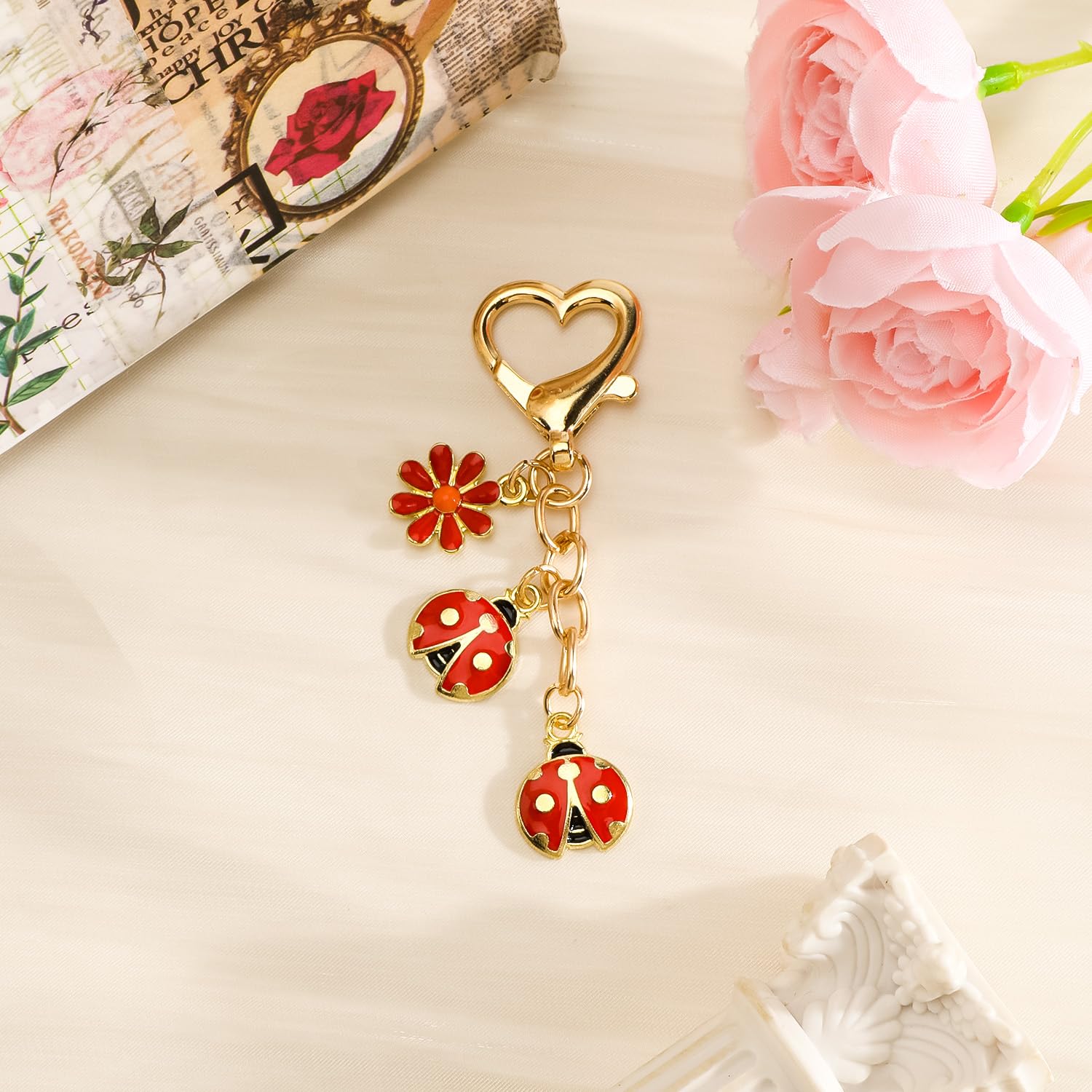 Ladybug Keychain with Flower Charm Lady Bug Accessories Cute Ladybug Gifts for Women Friends Birthday Christmas
