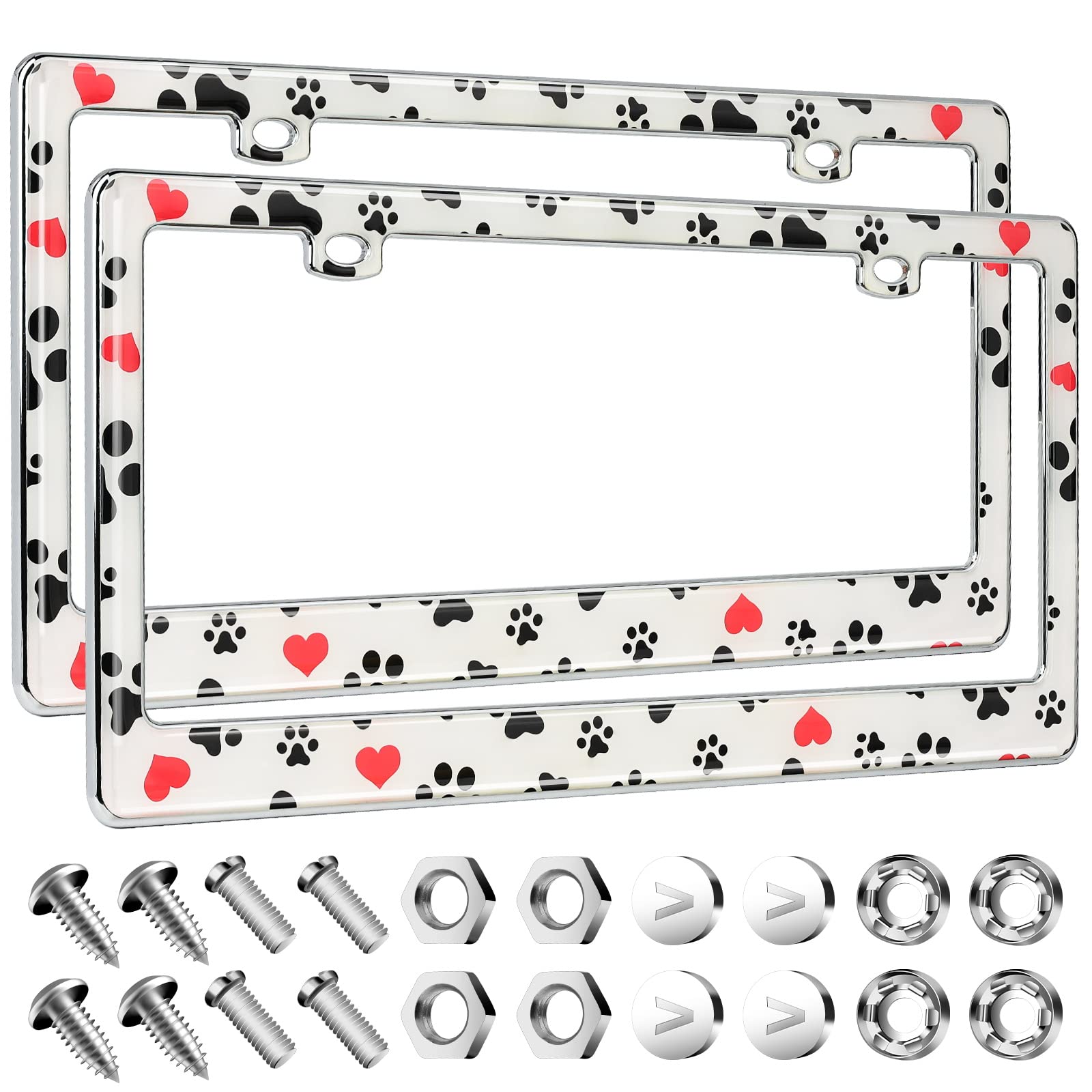 Valor 2 Pack Heart Dog Footprints Car License Plate Frames, Universal Standard US License Plate Cover, Epoxy Technology Rust-Proof Weather-Proof Zinc Alloy Frame with Anti Theft Screw Caps