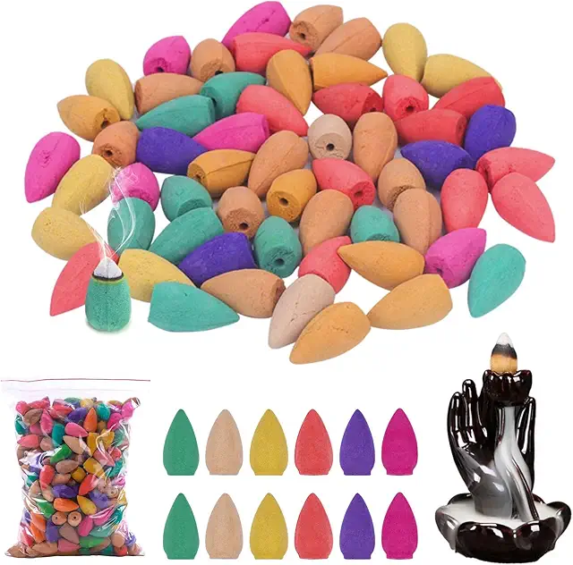 Aicharynic 300 Conos de Incienso Cascada Multicolor, Aromas Frutas Mixtas, 15x28mm