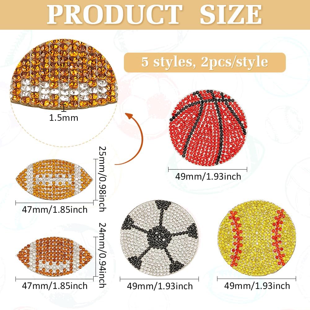 FINGERINSPIRE 10 Pcs Ball Shape Rhinestone Patches Rugby Basketball Baseball Football Iron on Applique Clothing Repair Patches Hotfix Rhinestone Trimming Patches for Backpack Pants Hat Jeans