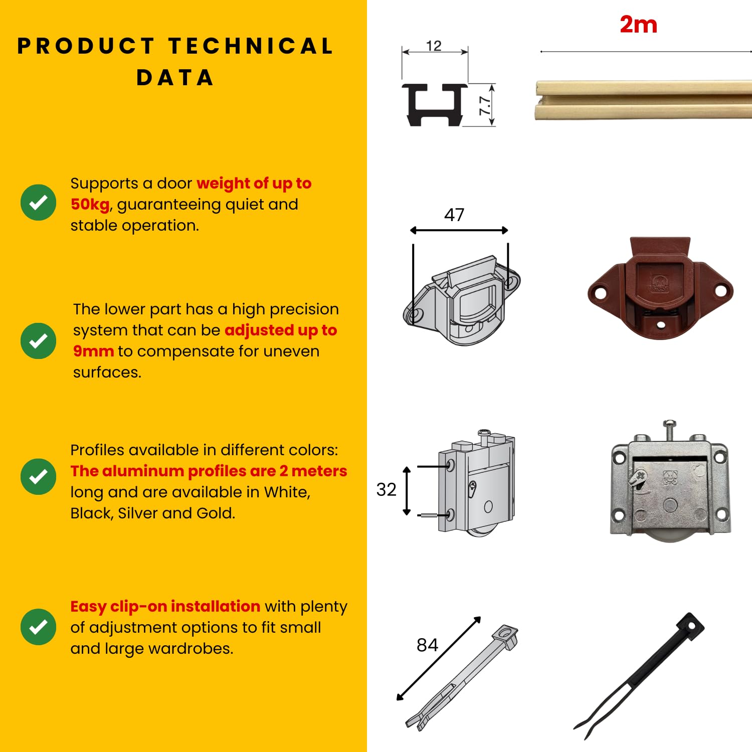 EVOTRADE JUNIOR-3 zestaw okuć do szaf przesuwnych z 2 drzwiami o maksymalnej wadze 50 kg, zestaw z 4 złotymi brązowymi szynami 2 metrami, wózkami i zakończeniem biegania, łatwy montaż