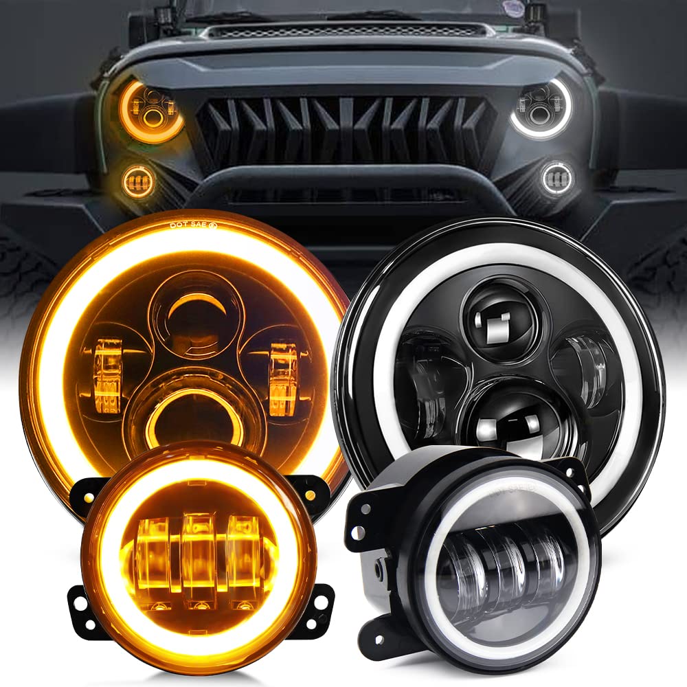 UNI-SHINE2PCS 7 Inch Round LED Headlights+2PCS 4 Inch LED Fog Lights H6024 DOT Approved Hi/Lo Beam Compatible with Jeep Wrangler JK TJ 2007-2018 with White DRL and Amber Turn Signal