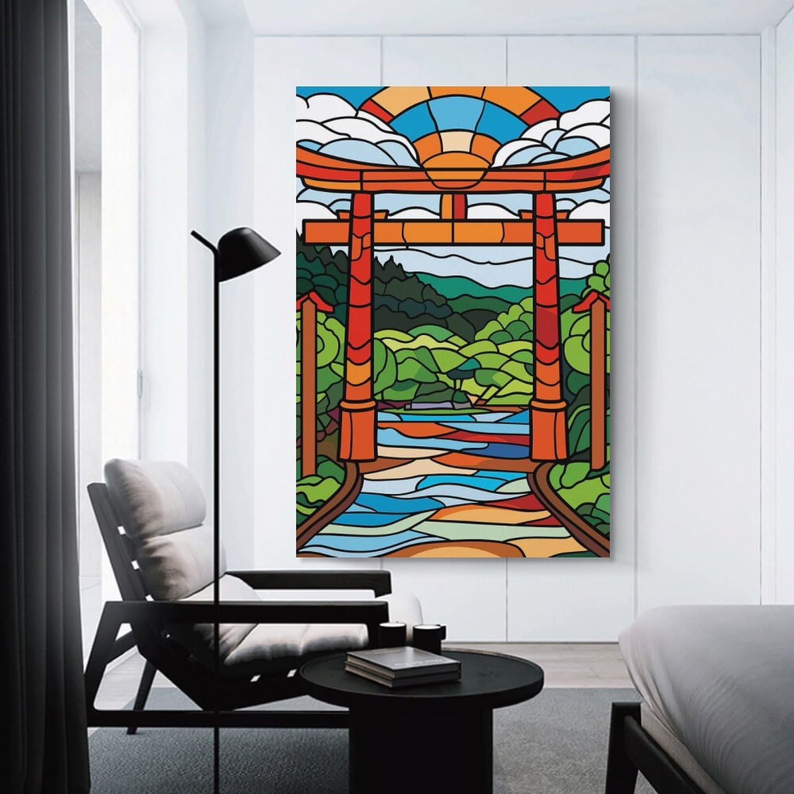 Junmoney Stained Glass Torii Gate Landscape Hanging Wall Art 20x30inch(50x75cm), for New Homes, Bedrooms Or Workspaces, Thoughtful Wall Decor for Art Lovers