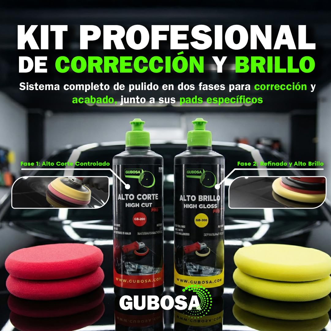 Kit pulimento coche alto corte y alto brillo con esponjas 150 mm quita arañazos metal guard convertidor de oxido eliminador de oxido kit limpieza coche detailing pulidora polish reparador | GUBOSA