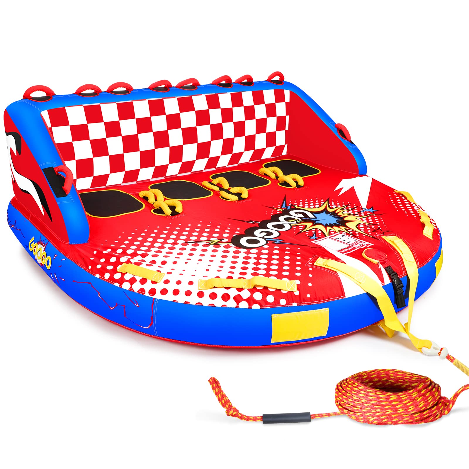 GOOGO 2/3/4 Person Towable Tube for Boating, Inflatable Water Sports Towable Tube with EVA Foam Seat Pads, Speed Safety Valve, PVC Bladder, Dual Tow Points, Grip Handles, Tow Rope for Kids, Adults