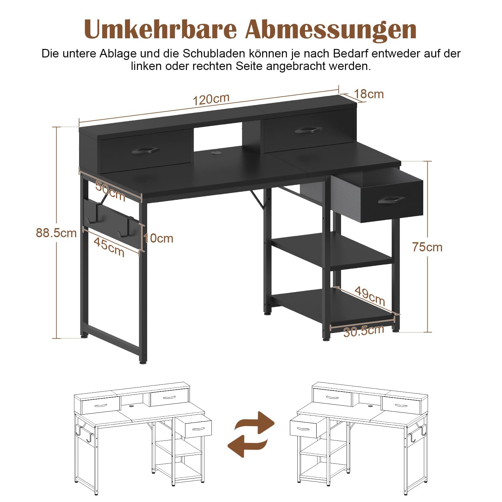 JUMMICO Scrivania da 120 x 50 cm, piccola scrivania con 3 cassetti e organizer da appendere, scrivania per bambini per casa, studio e giochi, colore nero