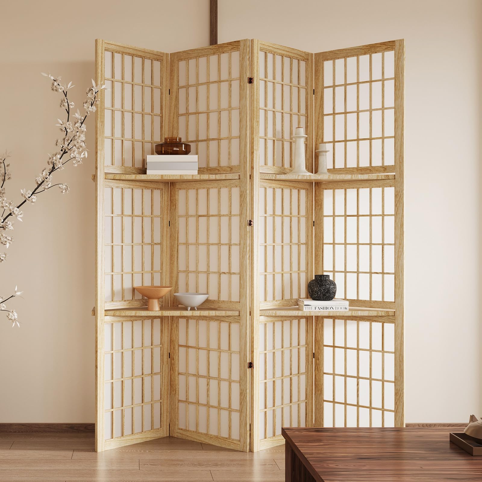 5.6FT Room Divider and Folding Portable Partition Screen, Chinese Japanese Shoji Style with Three Display Shelves for Room Separation - 4 Panel (Natural)-image-49