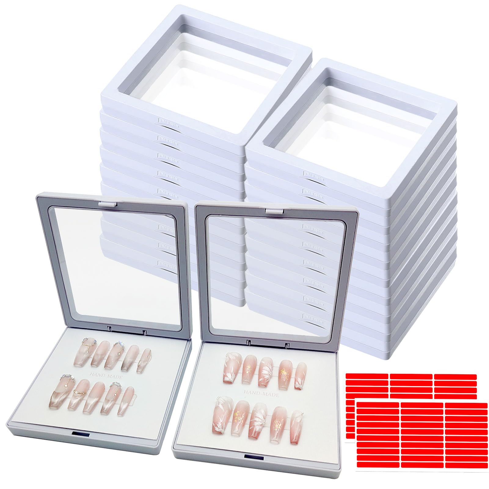 GUXACU Press On Nail Packaging Boxes - 3D Floating Storage and Display Box With 60pcs Double Sided Adhesive Tape for Nail Tech (White, 4.3 Inch)