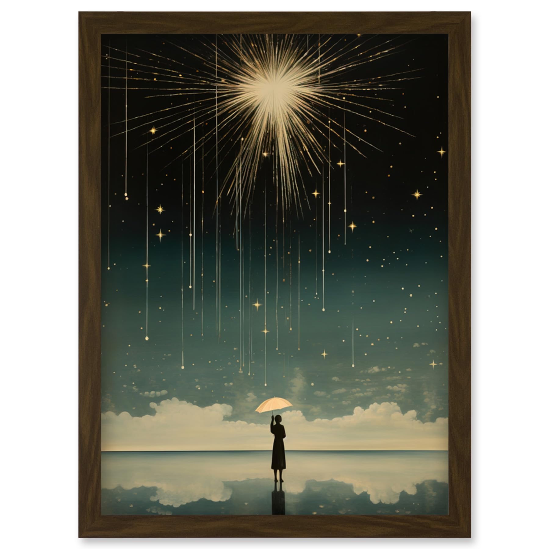 Artery8 Falling Star Rain Dreamy Artwork Bright Star Wish Woman with Umbrella Fairytale Dreamscape Artwork Framed Wall Art Print A4