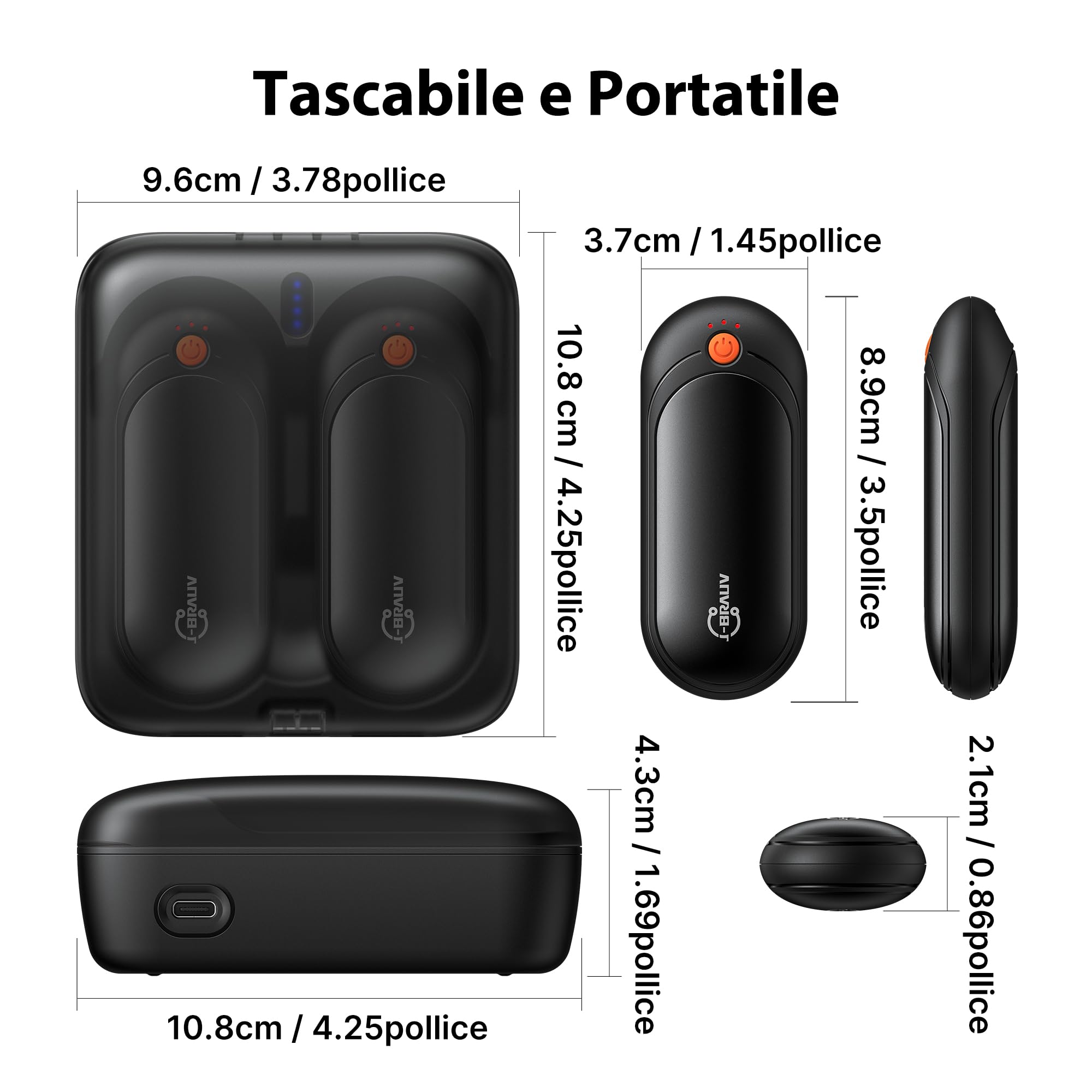 Scaldamani Elettrico Ricaricabile 2 Pezzi, Scalda Mani Ricaricabili con Custodia di Ricarica 10000mAh, 3 Livelli Doppio Lato Scaldamani USB C fino a 24H di Riscaldamento, Uomini e Donne