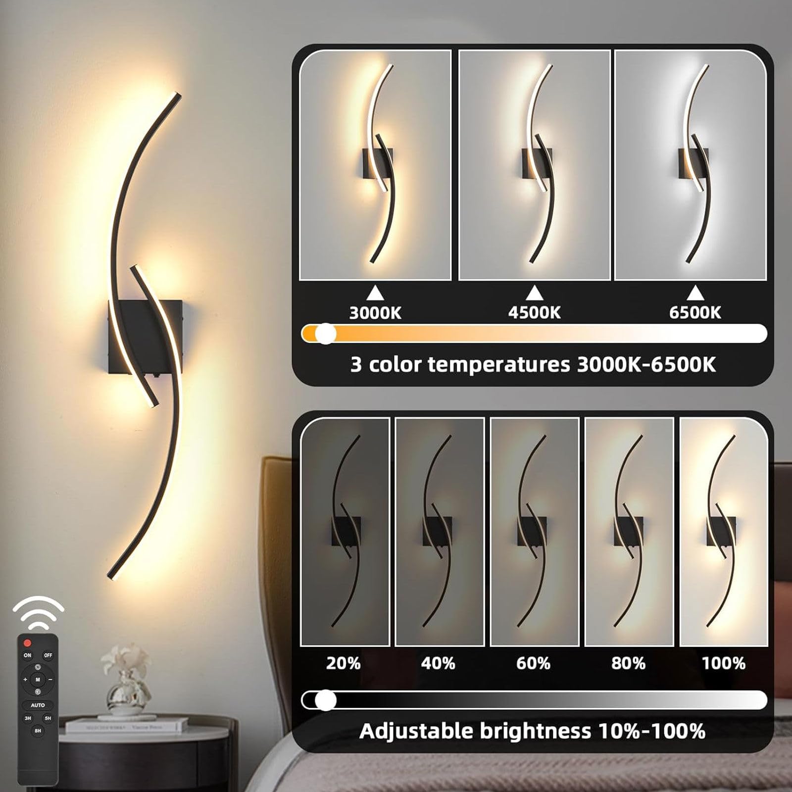 Applique da parete a batteria, set di 2, applique da parete a LED da 31 pollici dimmerabili 3000k-6000k con telecomando, applique da parete moderna senza fili ricaricabile tramite USB per soggiorno,