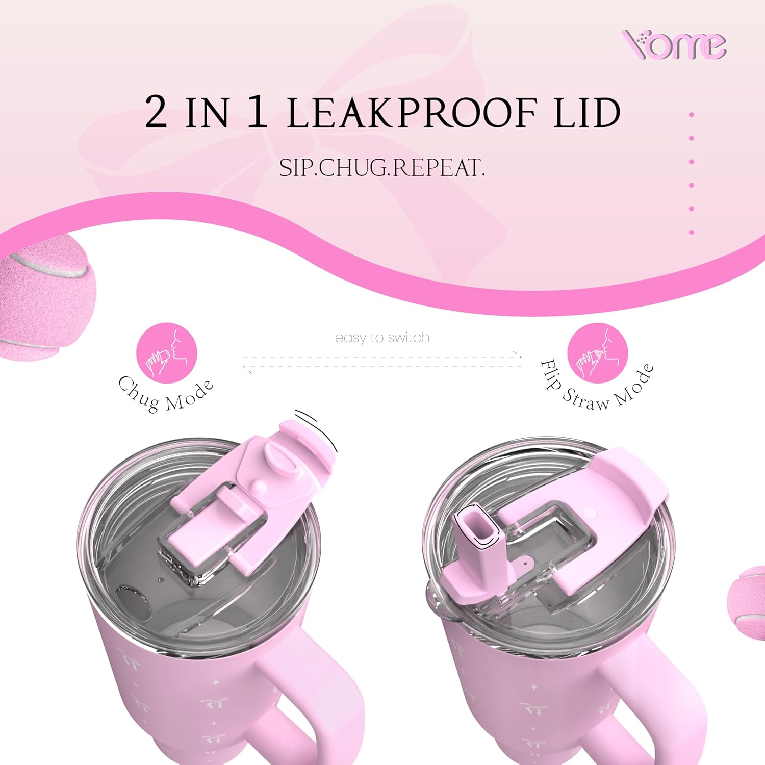 YOME 40 oz Bow Pink Tumbler with Handle and Flip Straw for Women | Stainless Steel Insulated Water Bottle | Keeps Drinks Cold | Dishwasher Safe | Cupholder Friendly | Gift Gym Travel Yoga - Image 4