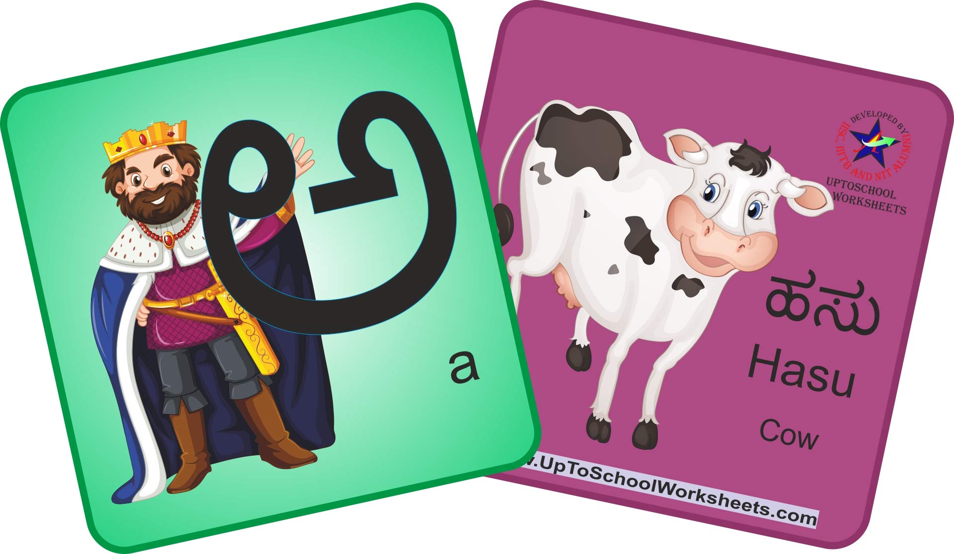 Kannada Varnamale Aksharmale Alphabet Letter Flash Cards with Picture English Sounds Meanings for Recognition and Making Words Multicolour