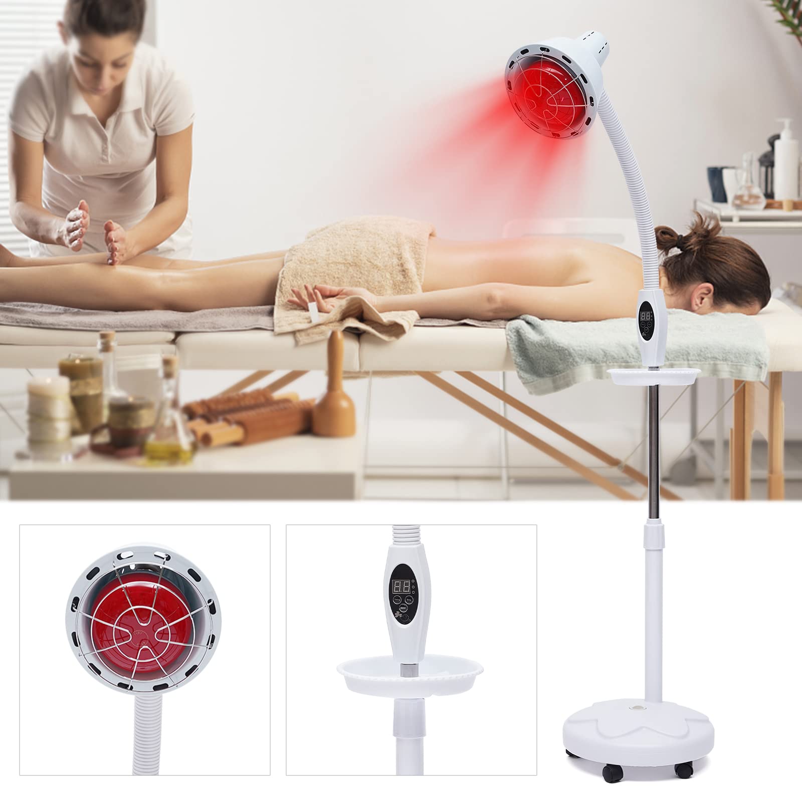 Lámpara de calor infrarroja de 275 W, lámpara de calor blanca con ruedas, lámpara térmica para la mayoría de las partes del cuerpo de personas (excepto la cabeza), para centros de rehabilitación de