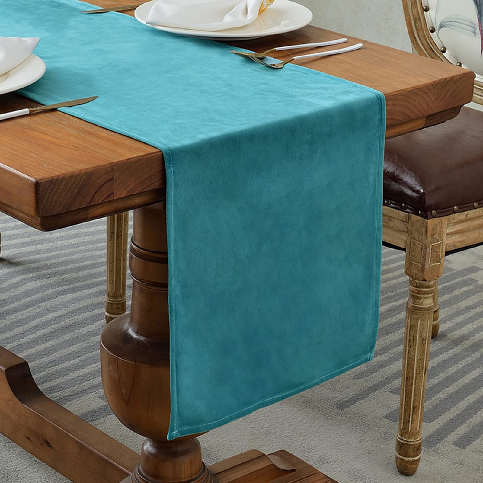 Yicorgard Velvet Table Runner Rustic Style,Linen Farmhouse Table Runner for Dining Room Kitchen Party Dresser Décor,14x95 Inches,Teal — image 1