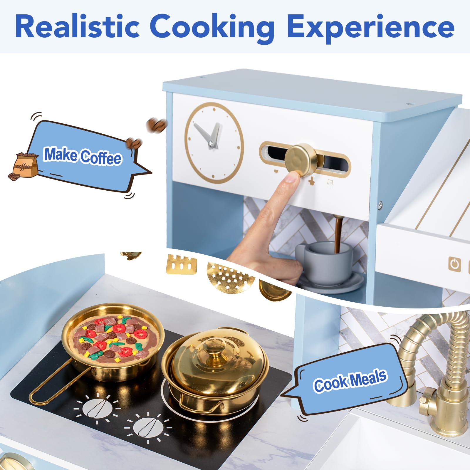 BRINJOY Cuisine en Bois avec Four, cuisinière, Lave-Linge, aperçue, Machine à glacer, ustensiles de Cuisson, Jeu de Cuisine de Jouets pour Petite Fille garçons âges 3+ (Bleu)
