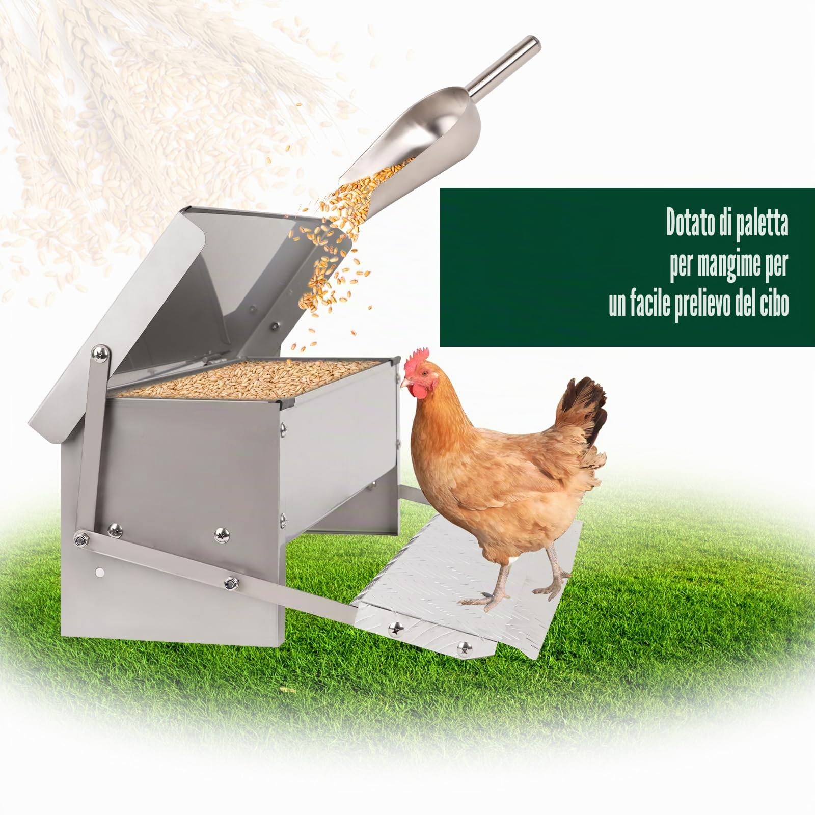 Mangiatoia per Polli a Pedale, Mangiatoia Automatica per Polli da 5 Kg Senza Rifiuti per Pollame con Coperchio Resistente Alle Intemperie e Pala per Galline, Anatre e Polli