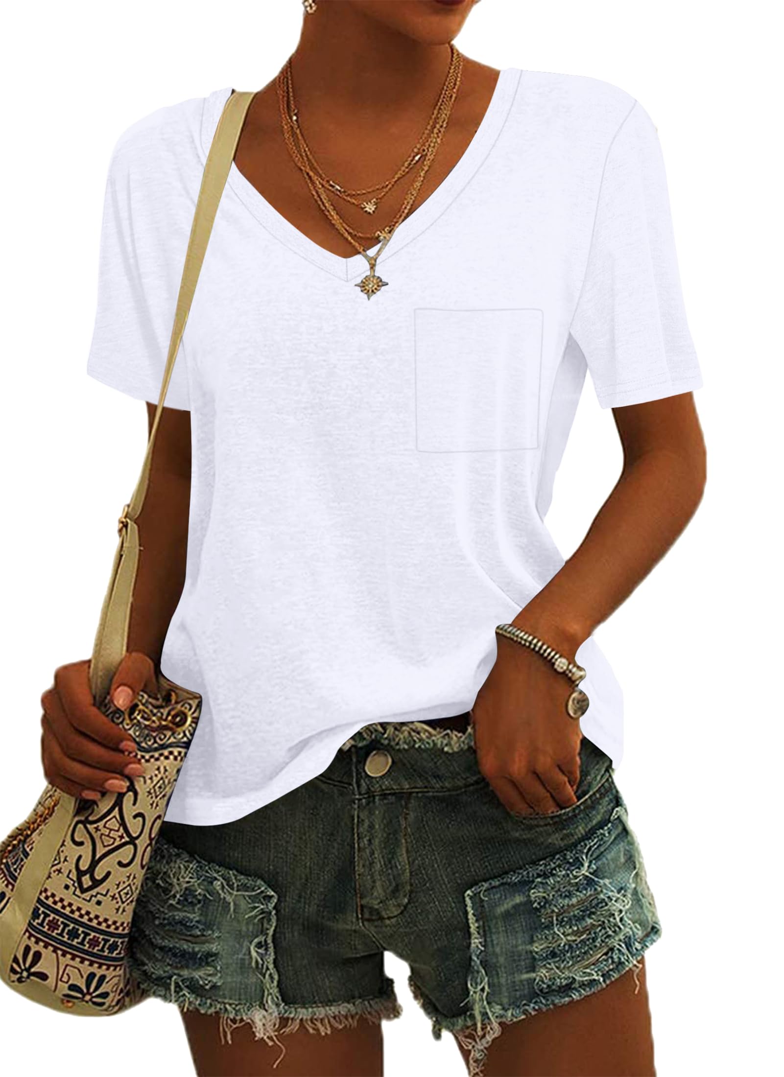 MOLERANI Damen T-Shirts Kurzarm V-Ausschnitt Lose Sommer T-Shirts Basic Tunika Tops mit Tasche