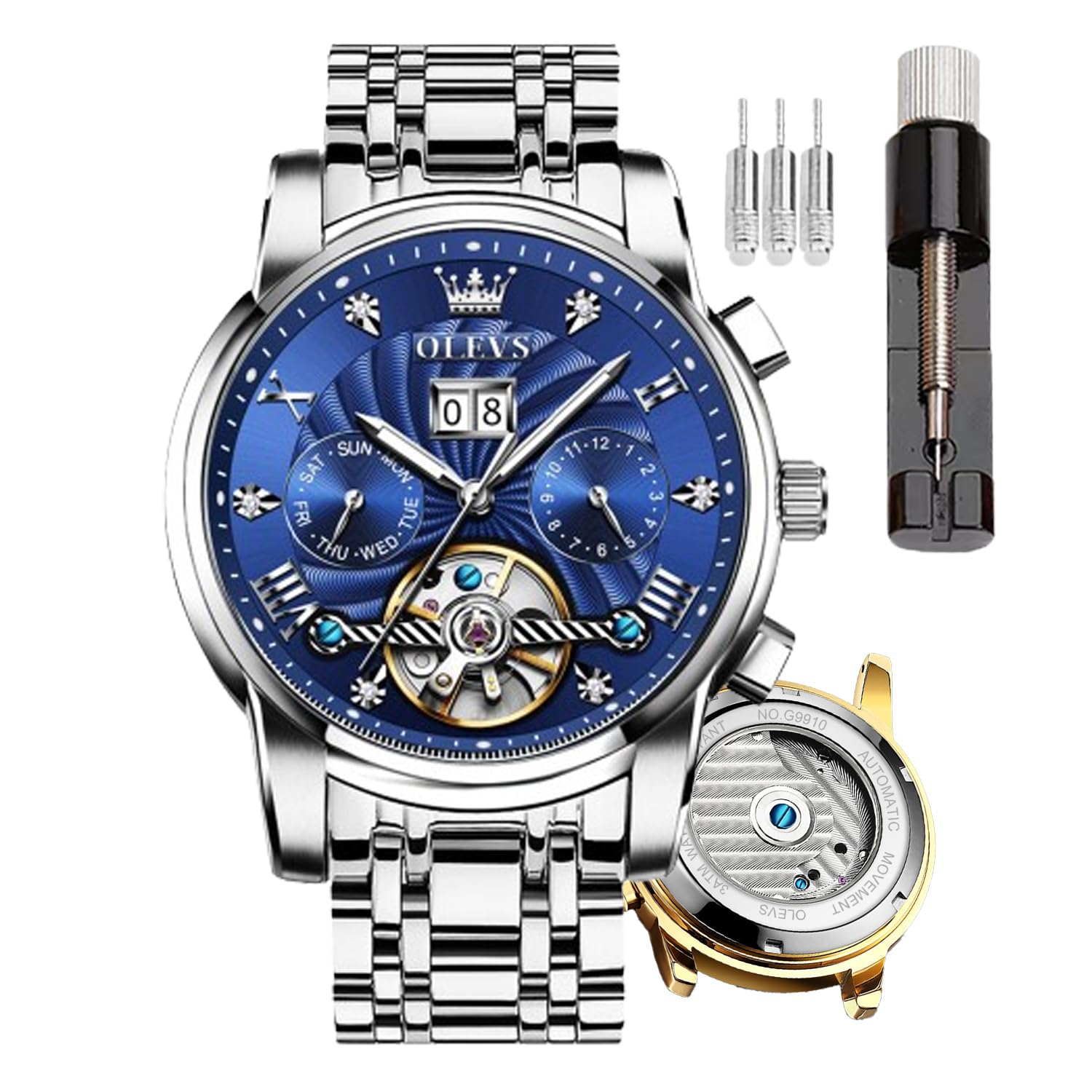 OLEVS Montre Automatique pour Homme - Mécanique Squelette à remontage Automatique - Montre de Luxe - Phase de Lune - Lumineuse - Jour - Date - Étanche