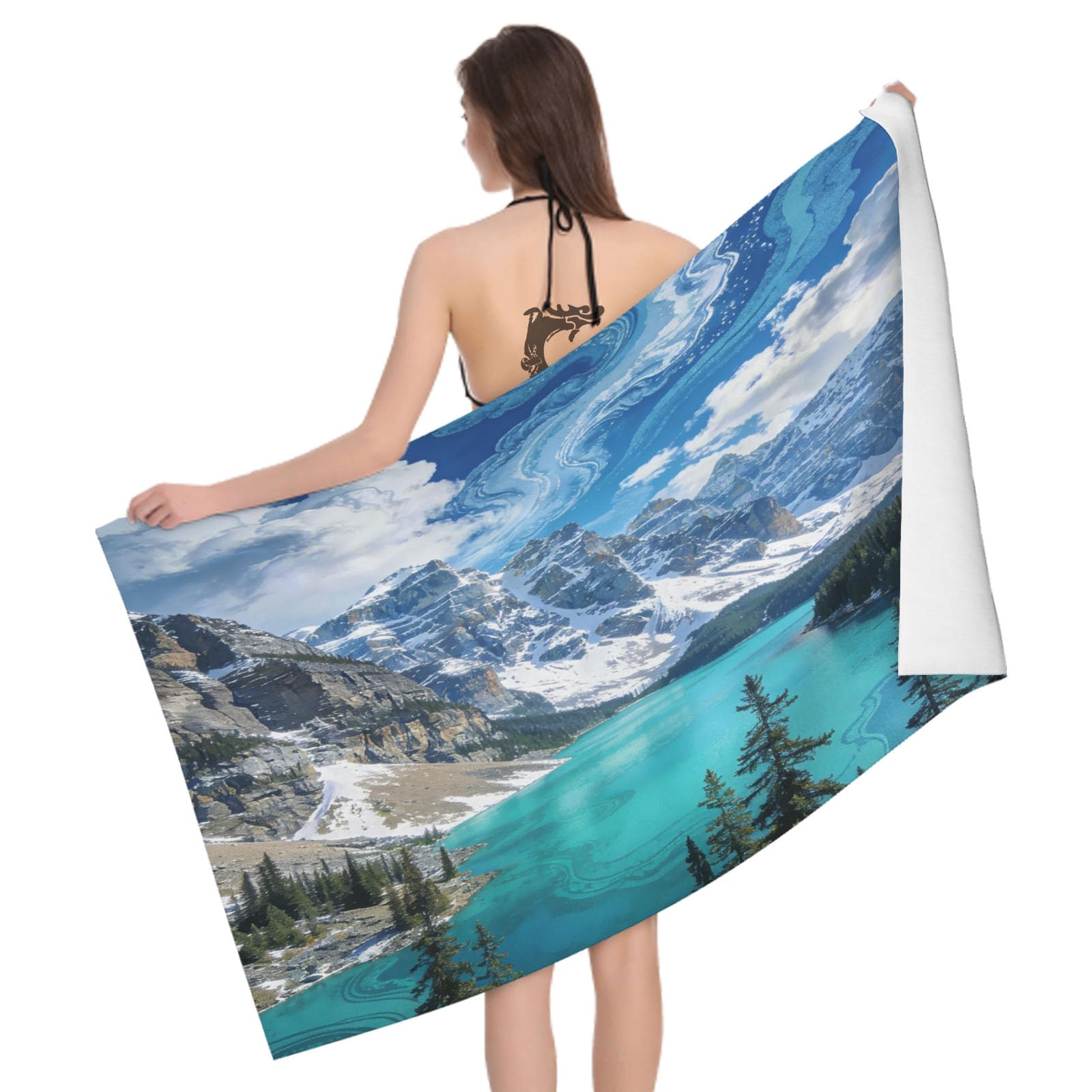 Leichong 3D Snow Mountain Lake Beach Towel Large Microfiber Soft Quick Dry for Adults, Forest Snow Mountain Bath Towel Lightweight Soft Absorbent for Travel Swimming Pool Sports, 180 x 90 cm