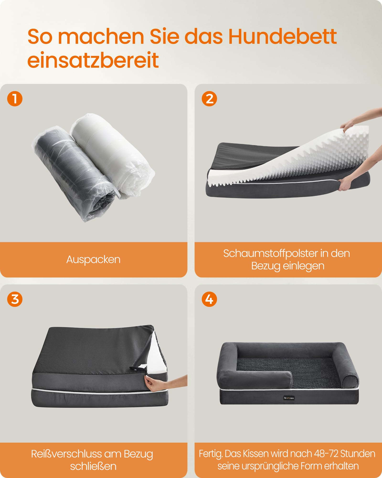 Feandrea Orthopädisches Hundebett, Hundekissen, Hundekorb, weiche Polsterung, Hundesofa, erhöhte Ränder, Bezug abnehmbar und waschbar, 120 x 85 x 18 cm, rutschfeste Unterseite, dunkelgrau PGW078G01V1