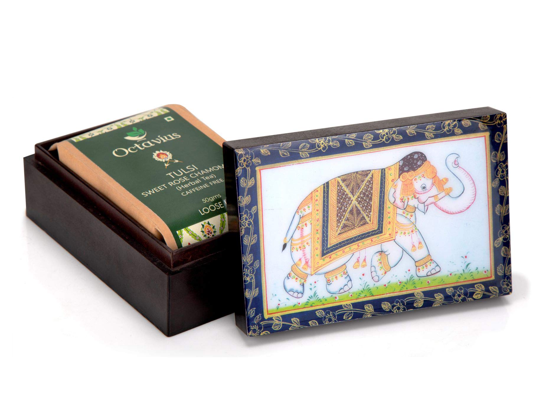 Octavius Tulsi Rose Chamomile Tisane Whole leaf tea in Darkwood Handcrafted Wooden gift box with Traditional Indian Elephant Pattern On The Lid | Caffeine Free | - 50 Gms (50 Servings) - Image 2 thumbnail