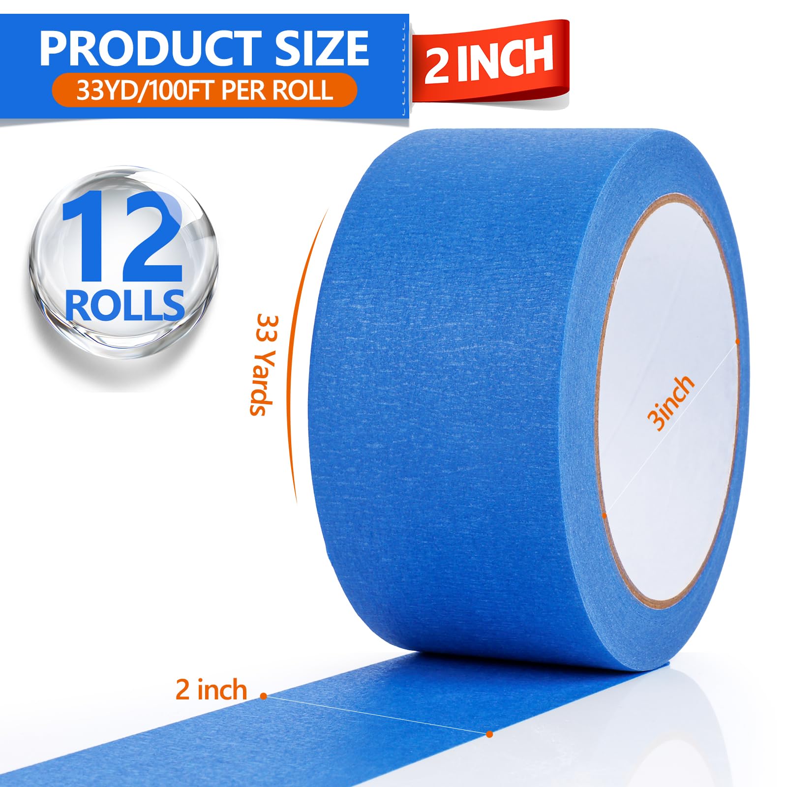 NEOACT 12 rotoli di nastro blu per pittori, 5,1 cm x 30,9 m, nastro coprente multi-superficie, nessun residuo, nastro per pittori per pittura murale, miglioramento della casa, imballaggio, artigianato