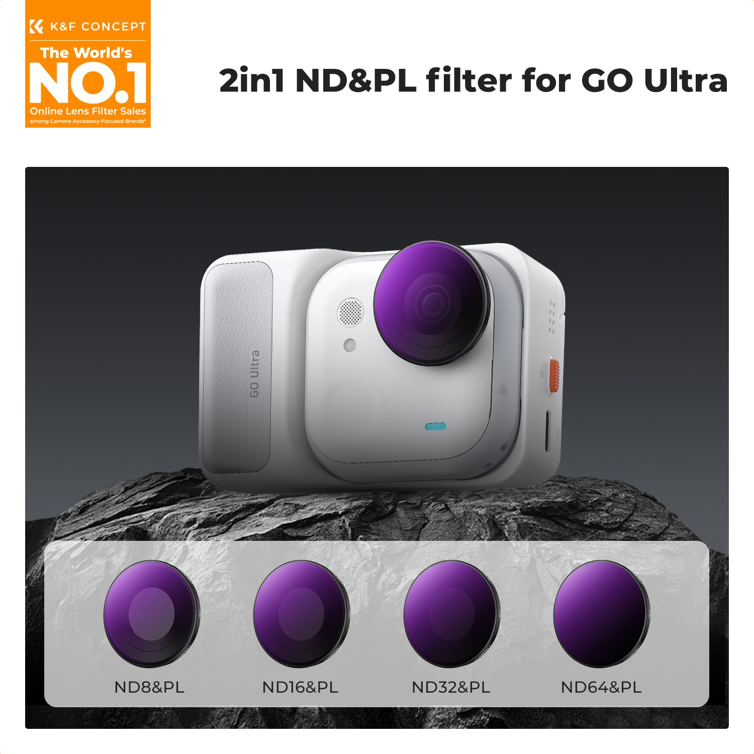 K&F CONCEPT Zestaw filtrów ND PL kompatybilny z Insta360 Go Ultra, ND8/PL+ ND16/PL+ ND3/PL+ ND64/PL 4-pak filtr polaryzacyjny o neutralnej gęstości, szkło optyczne HD, wielowarstwowa, metalowa rama