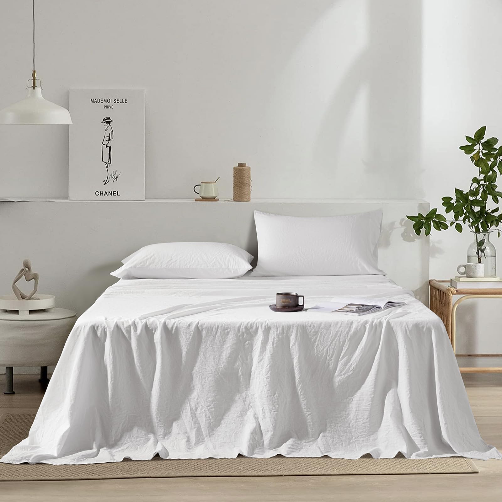 LBR02M Linen Sheet Set King Size,Bed Sheets 4 Piece Sets,Solid Color Natural Flax Cotton Blend Soft Breathable Bedding,16 inches Deep Pocket,All Season,White