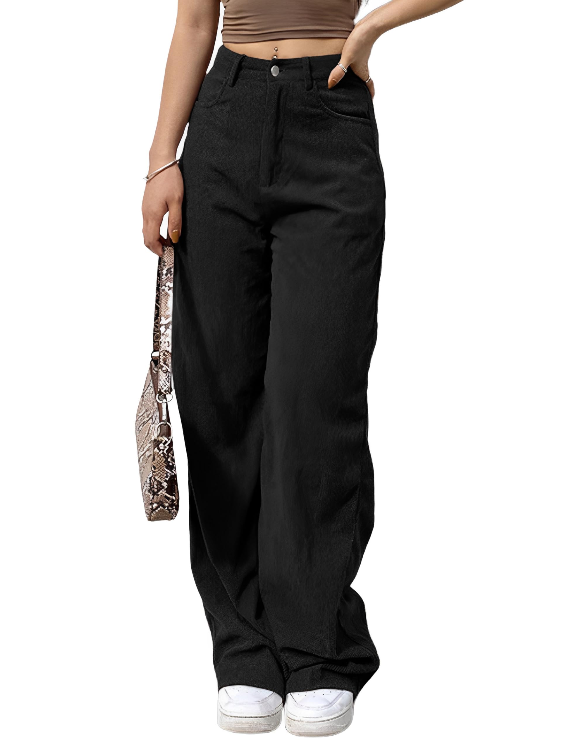 Himosyber Corduroy Pants for Women Casual Elastic High Waist Stretchy Wide Leg Pants Loose Fit Comfy Trousers with Pockets