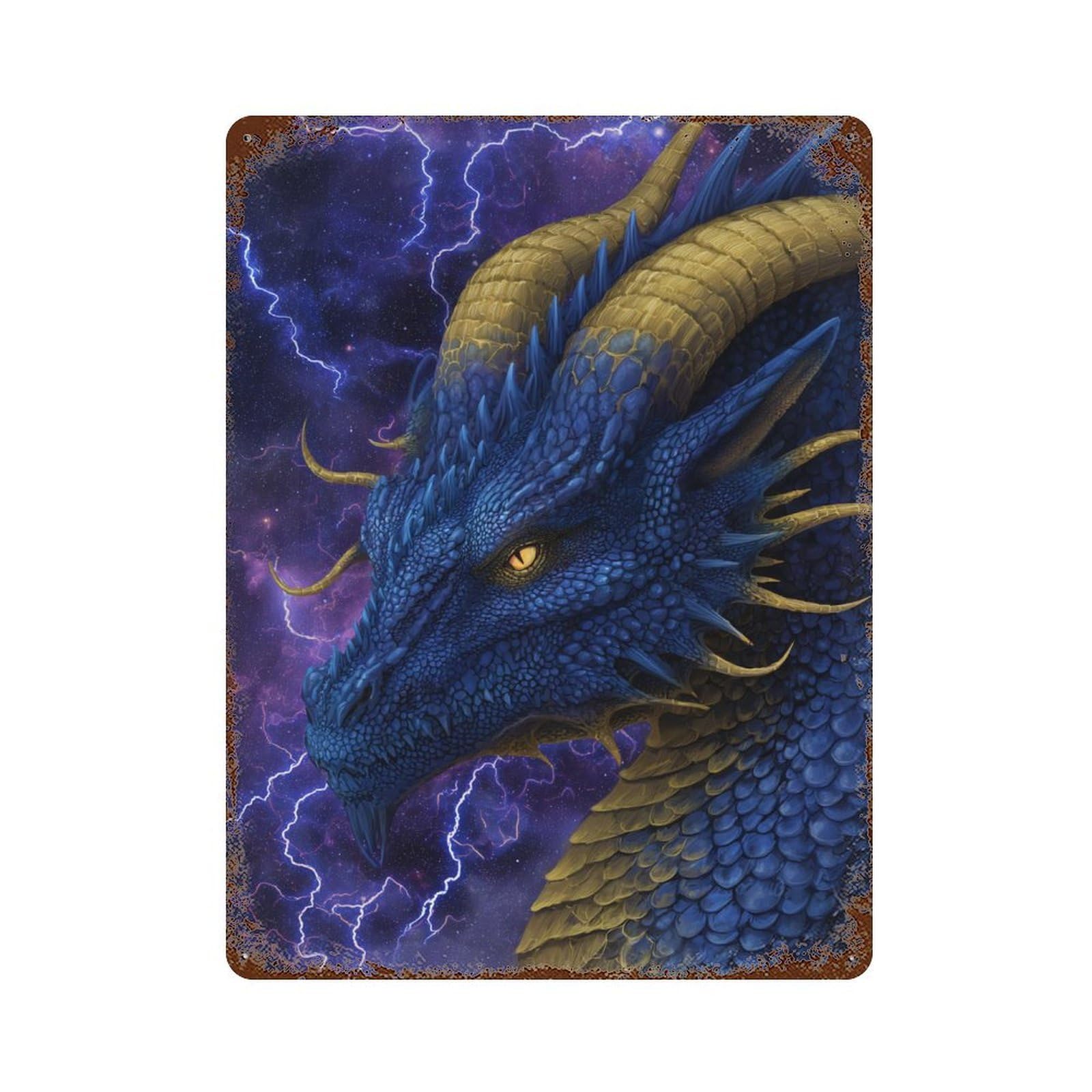 Blue Dragon Fantasy Art Print 15.7"x11.8" Distressed Metal Wall Sign, Retro Wall Decor for Garage, Bar And Workshop Decor