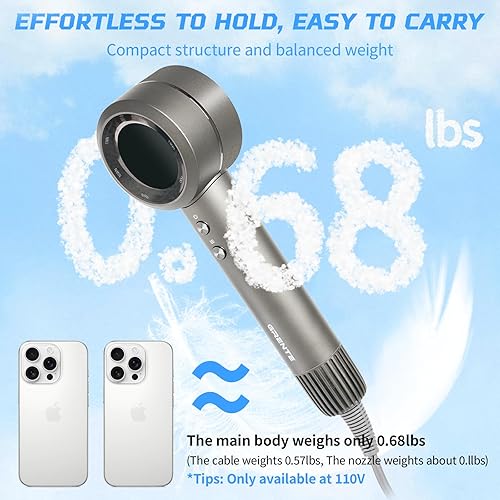 Miniatura 3 de Secador de pelo iónico sin cuchillas, difusor de 110,000 rpm, iones negativos de 984.3 ft, cable de 6.5 pies, 3 ajustes de calor y 3 velocidades,