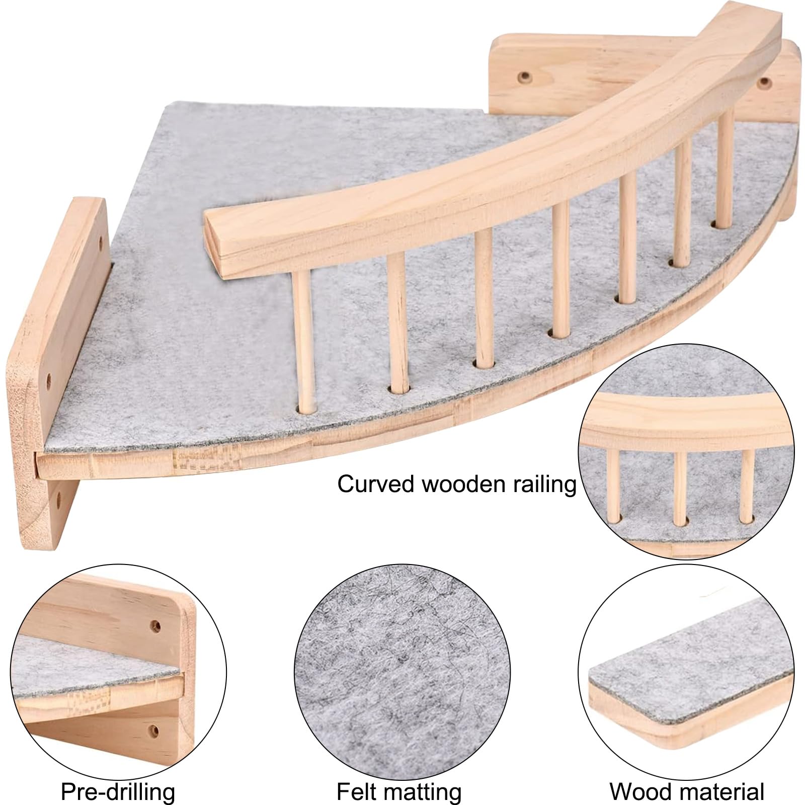 Perchoir d'angle Mural pour Chat avec 3 Marches, Étagère d’Escalade Murale pour Chat Mur Escalier en Bois, Échelle Parcours Mural Chats Interieur pour Grimper, Dormir et Jouer, avecTapis en Feutre