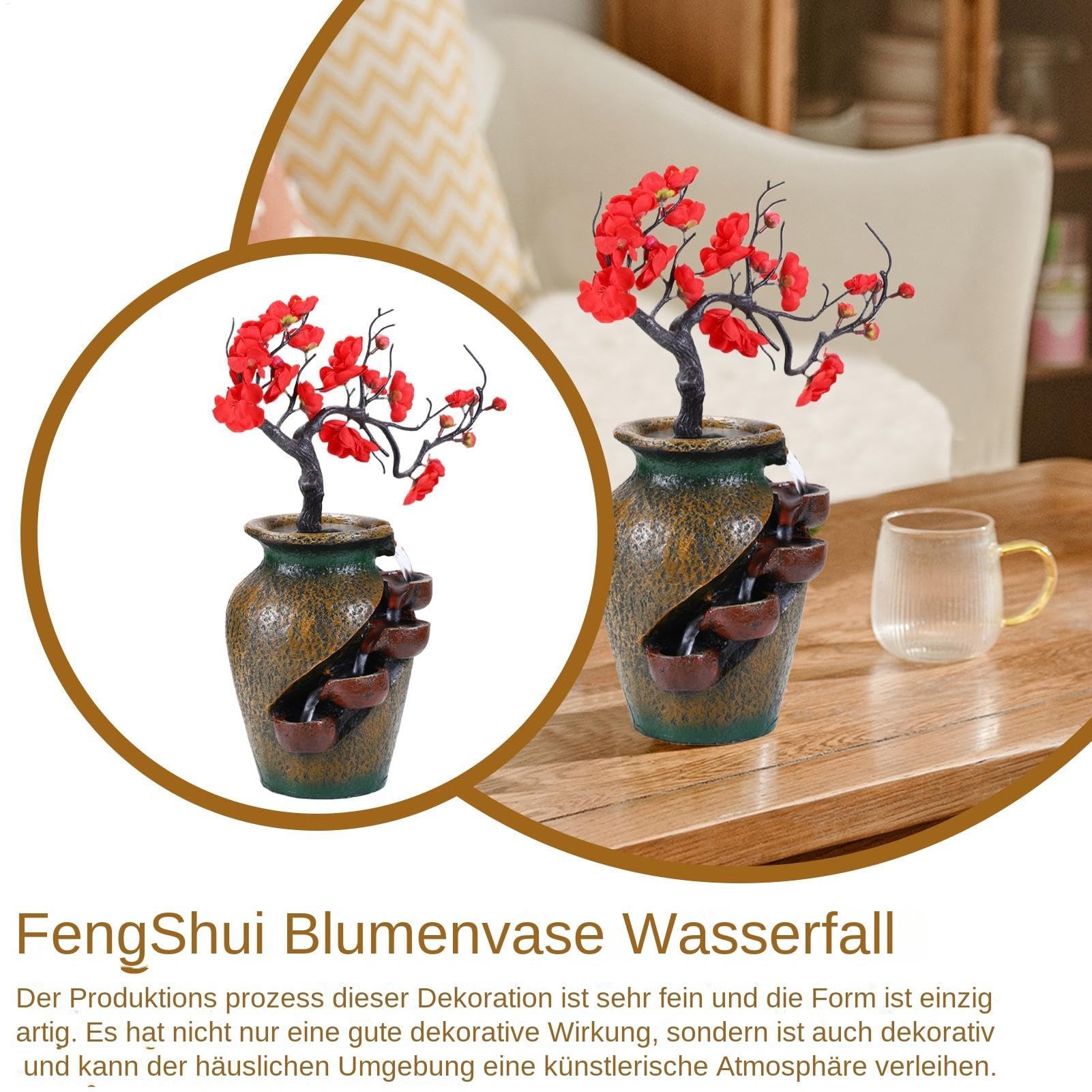 Vaso a cascata, fontana di animali - fontana da tavolo in resina torbida - flussi d'acqua e albero artificiale - Zen Relaxation Desktop Decorazione per la casa per camera da letto soggiorno | Ornamenti per acqua corrente per interni per sala da tè a sala