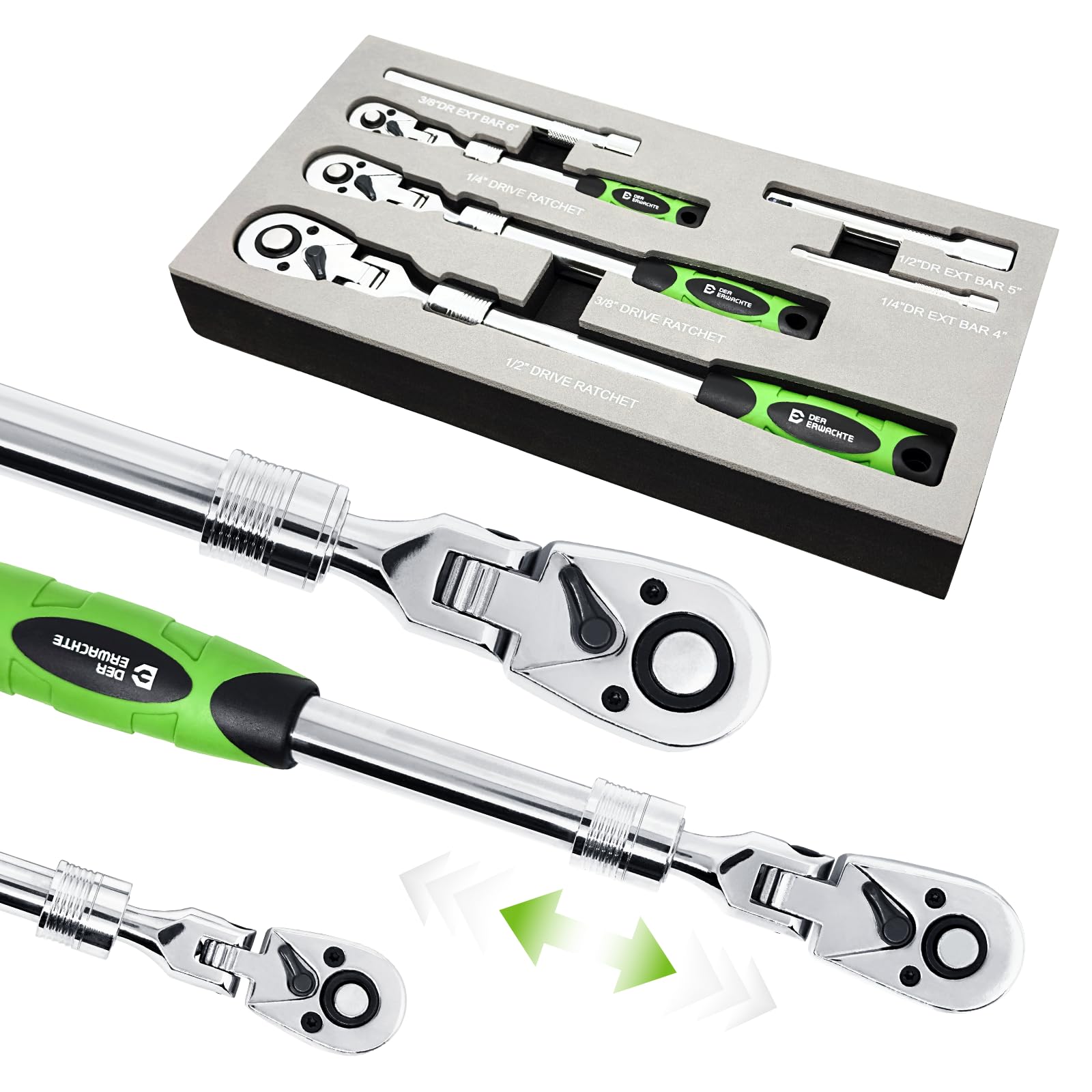 Der Erwachte 6-Piece Extendable Flex Head Ratchet Set | 1/4", 3/8", 1/2" Drive. 180° swiv…