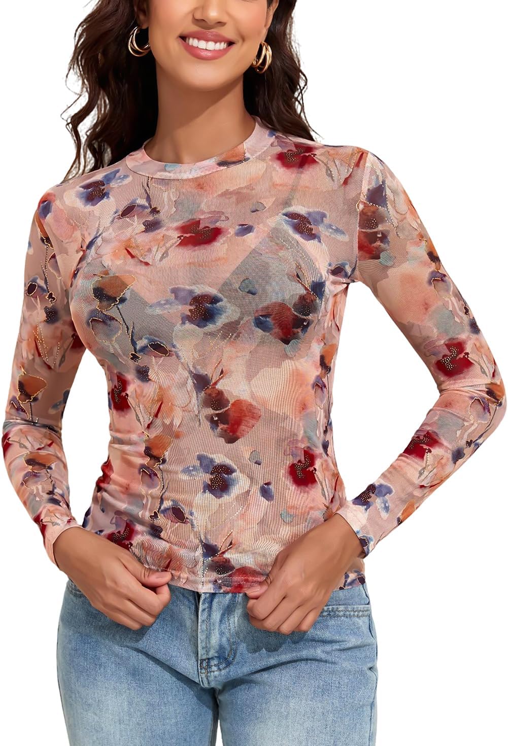 YYA Sparkly Mesh Top for Women Long Sleeve Round Neck Mesh Shirt Sheer Shiny Top Solid Floral Tee Shirts S-XXL - Image 4