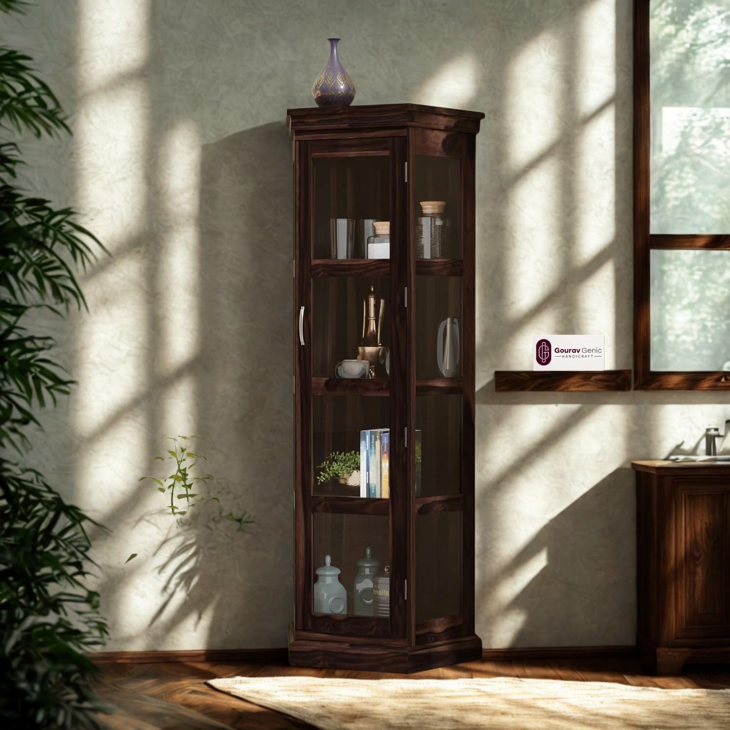 Gourav Genic Handicraft Solid Sheesham Wood Glass Door Display Cabinet | Wooden Bookcase & Crockery Storage Cabinet | Freestanding Storage Organizer for Living Room & Home Office | Walnut Brown.-image-34