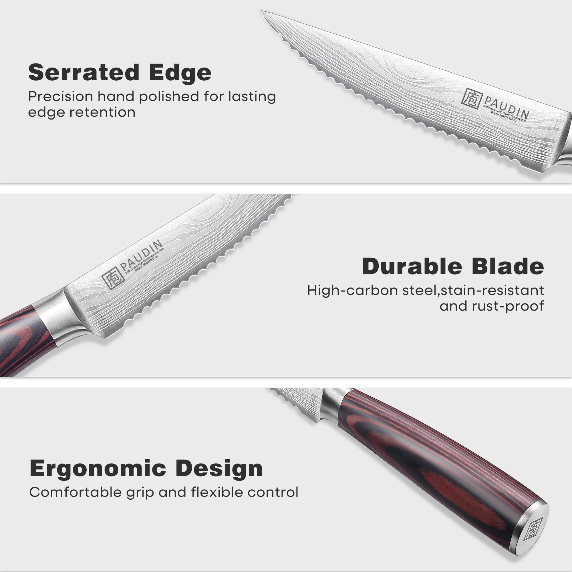 PAUDIN Steak Knives Set of 6, Kitchen Steak Knife 4.5 Inch, High Carbon Stainless Steel Steak Knives, Serrated Steak Knife with Pakkawood Handle, Dinner Knives with Gift Box
