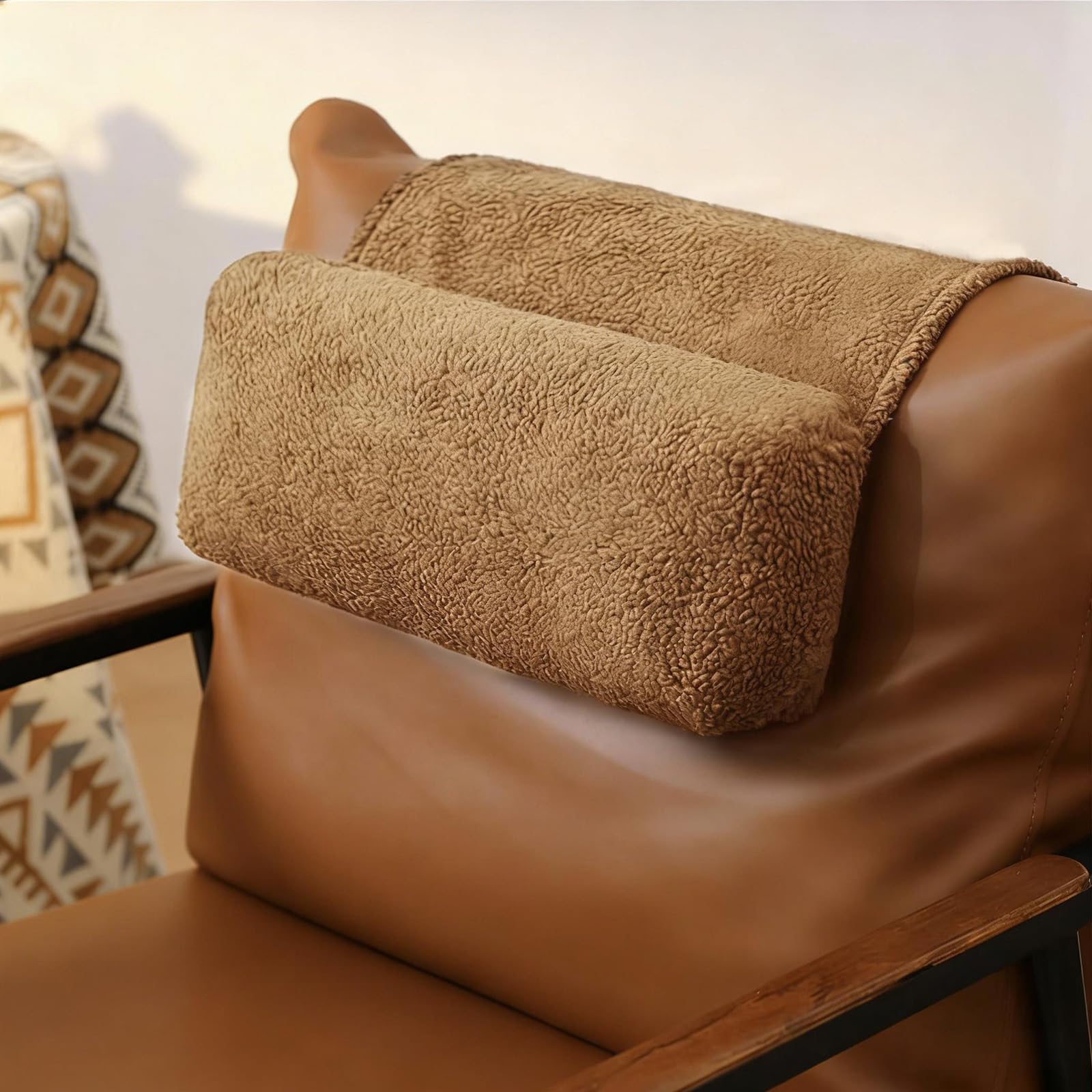 BUERPINKING Neck Support Pillow, Headrest Ergonomic Pillow for Chair Recliners Armchairs, Non-Slip Soft Neck Head Rest Cushion for Pain Relief with Pockets, Camel