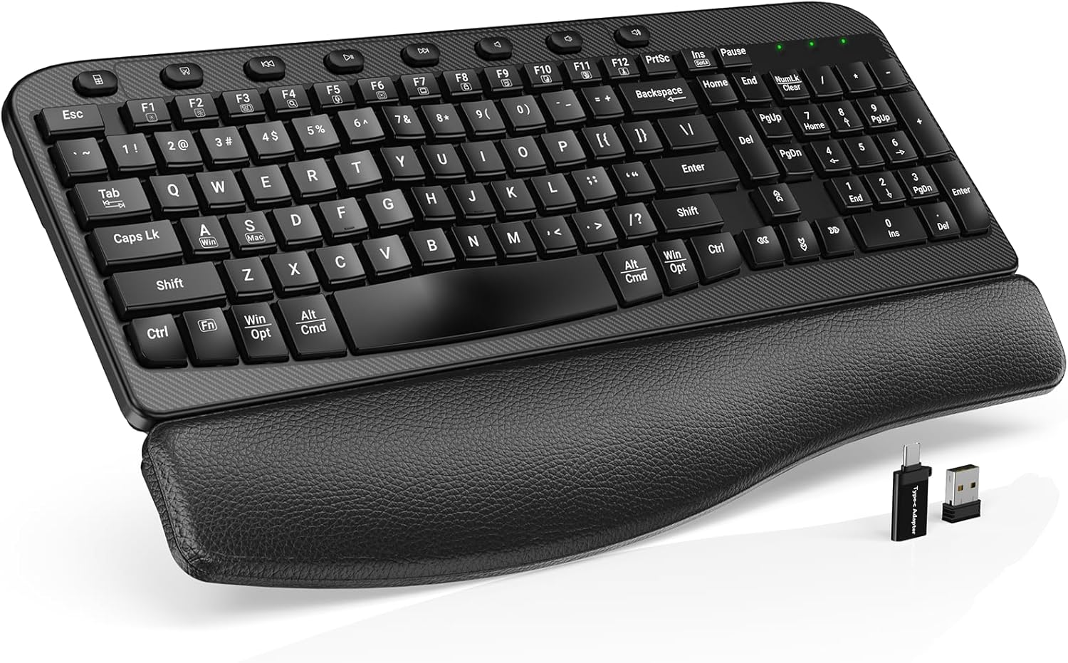 Sablute Wireless Ergonomic Wave Keyboard with Cushioned Wrist Rest, 2.4GHz USB for Windows, Mac, PC, Laptop, Tablet - Black
