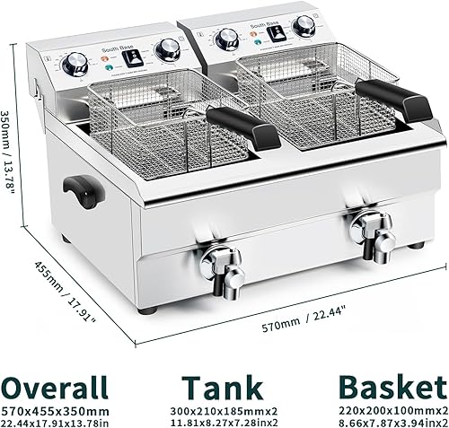 Miniatura 6 de Freidora eléctrica comercial con canasta, temperatura y tiempo ajustables para pollo frito, papas fritas, alas, 110 V, 2000 W x 2 (2.65 galx2)