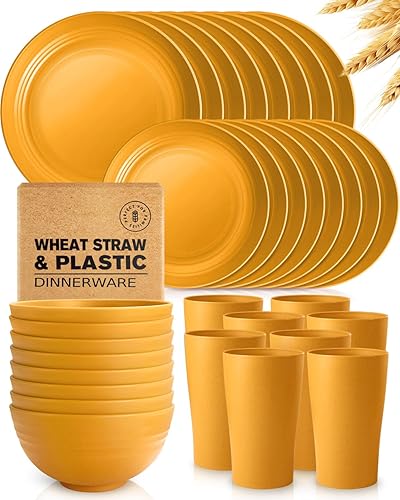 Teivio Juego de vajilla de paja de trigo de plástico de 32 piezas, servicio para 8, platos llanos, platos de postre, cuencos para cereales, vasos,