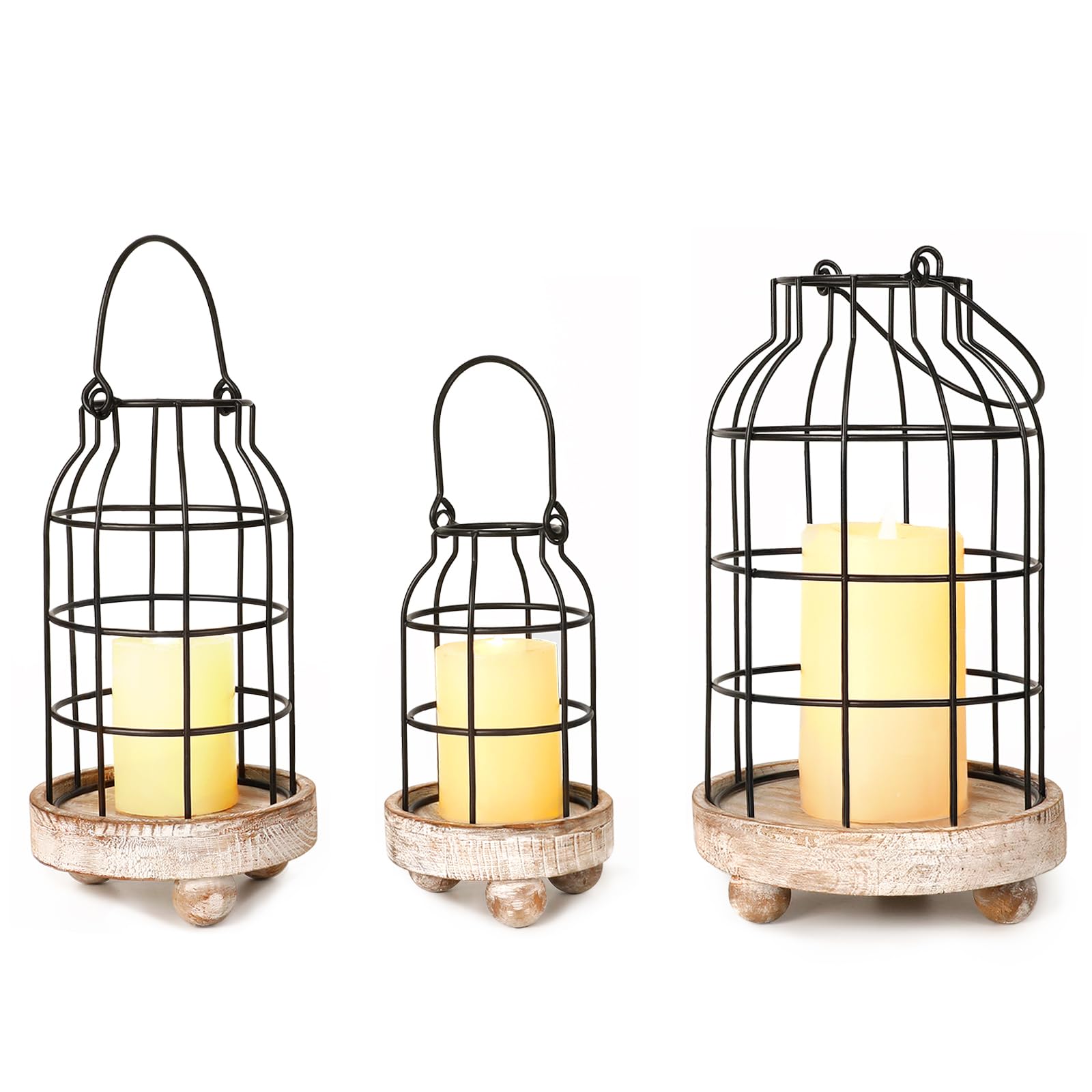 Vintage Farmhouse Lanterns, Set of 3 Metal Cage Lantern Black Wire Candle Holder Rustic Decorative Lantern Set for Living Room Mantlepiece Kitchen Dining Table Home Decor