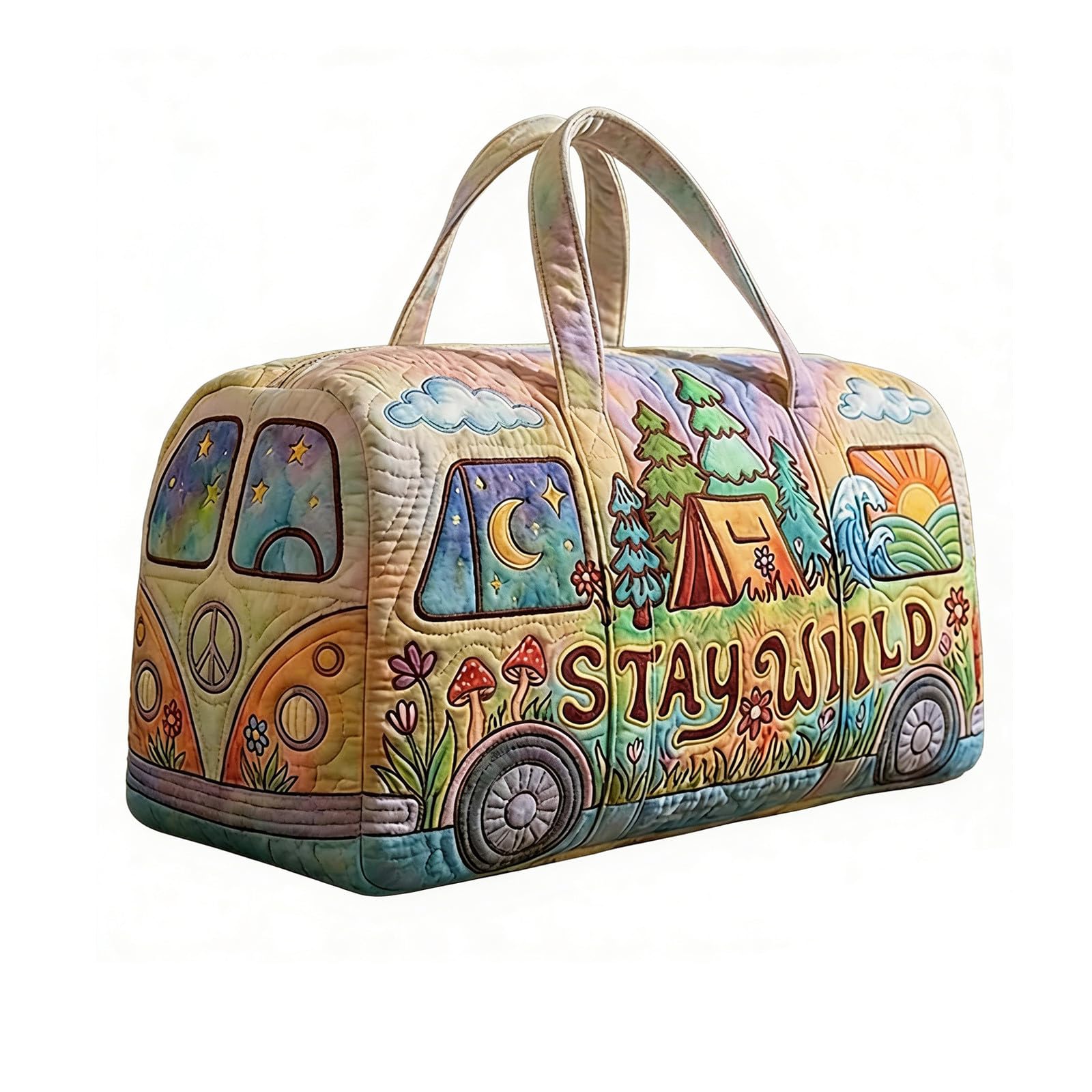 Travel Duffle Bag for Men Women, Bus Hippie Van Quilted Duffle Bag Bohemian Embroidery Weekend Bags Funny Novelty Bags Boho Retro Handbag Carry On Tote Weekender for Short Trip Camping