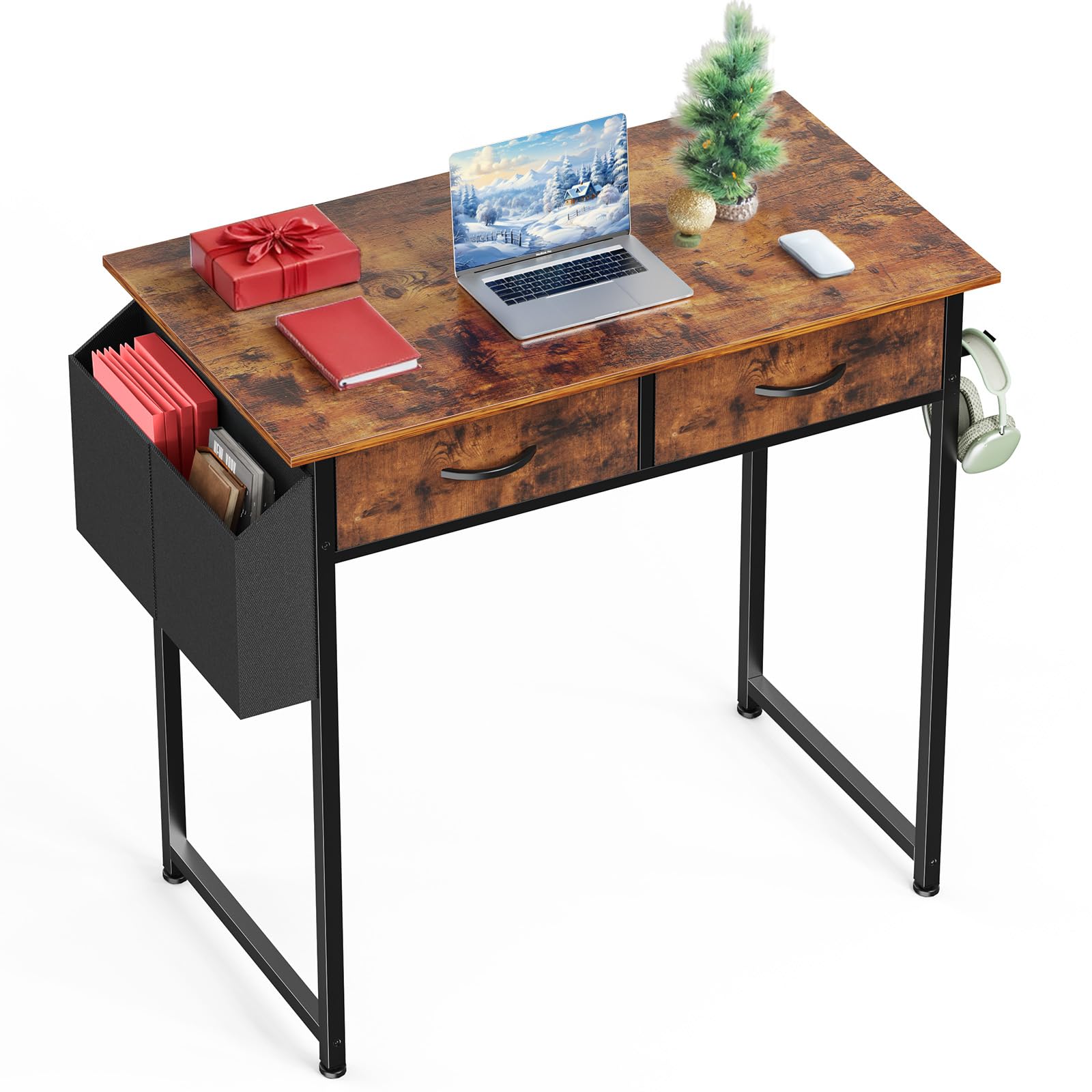 Sweetcrispy Computer Desk Small 32 Inch Home Office Bedroom Writing Study PC Table with Fabric Storage Drawers Space Side Bag Headphone Hook Adjustable Feet Modern Simple Style, Rustic Brown