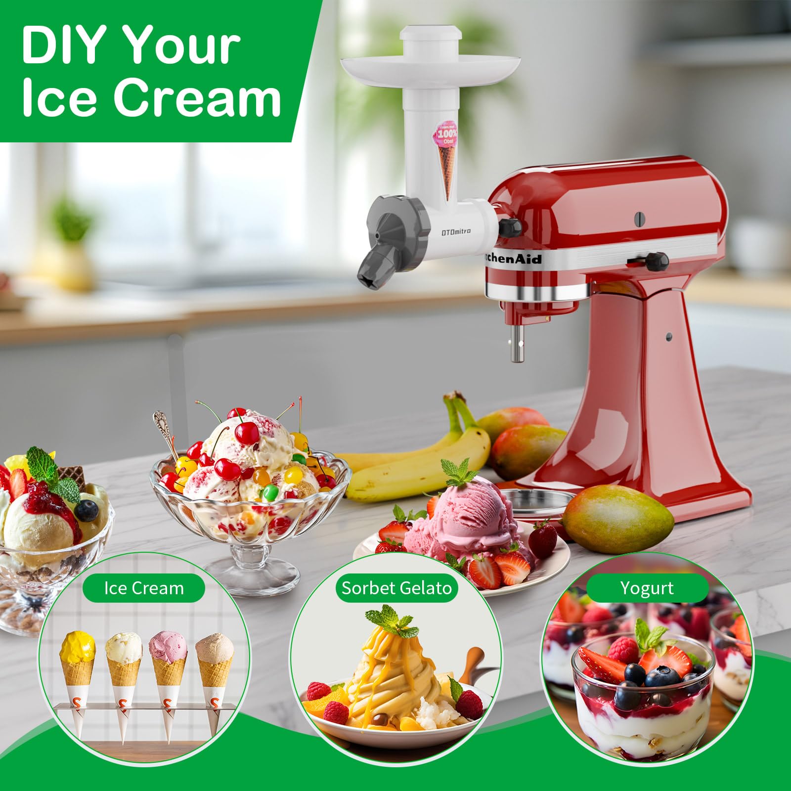 Accessorio per gelatiera per frullatore da tavolo KitchenAid, accessorio per gelato alla frutta realizzato con materiali BPA-free e sicuri per gli alimenti, macchina per gelato soft