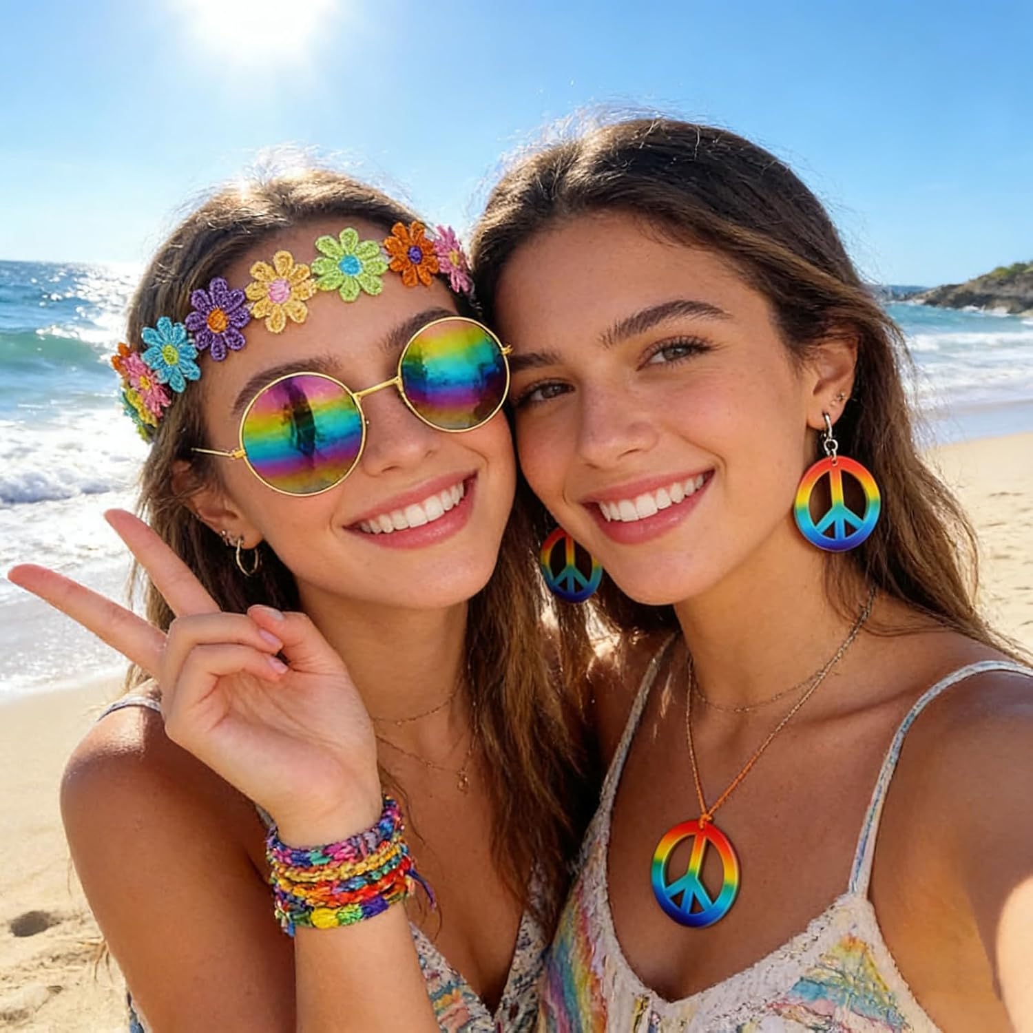 5 Pcs Hippie Costume Accessories Set Women, 60s 70s Party Dressing Accessory Peace Sign Necklace Party Decorations for Party - Image 5
