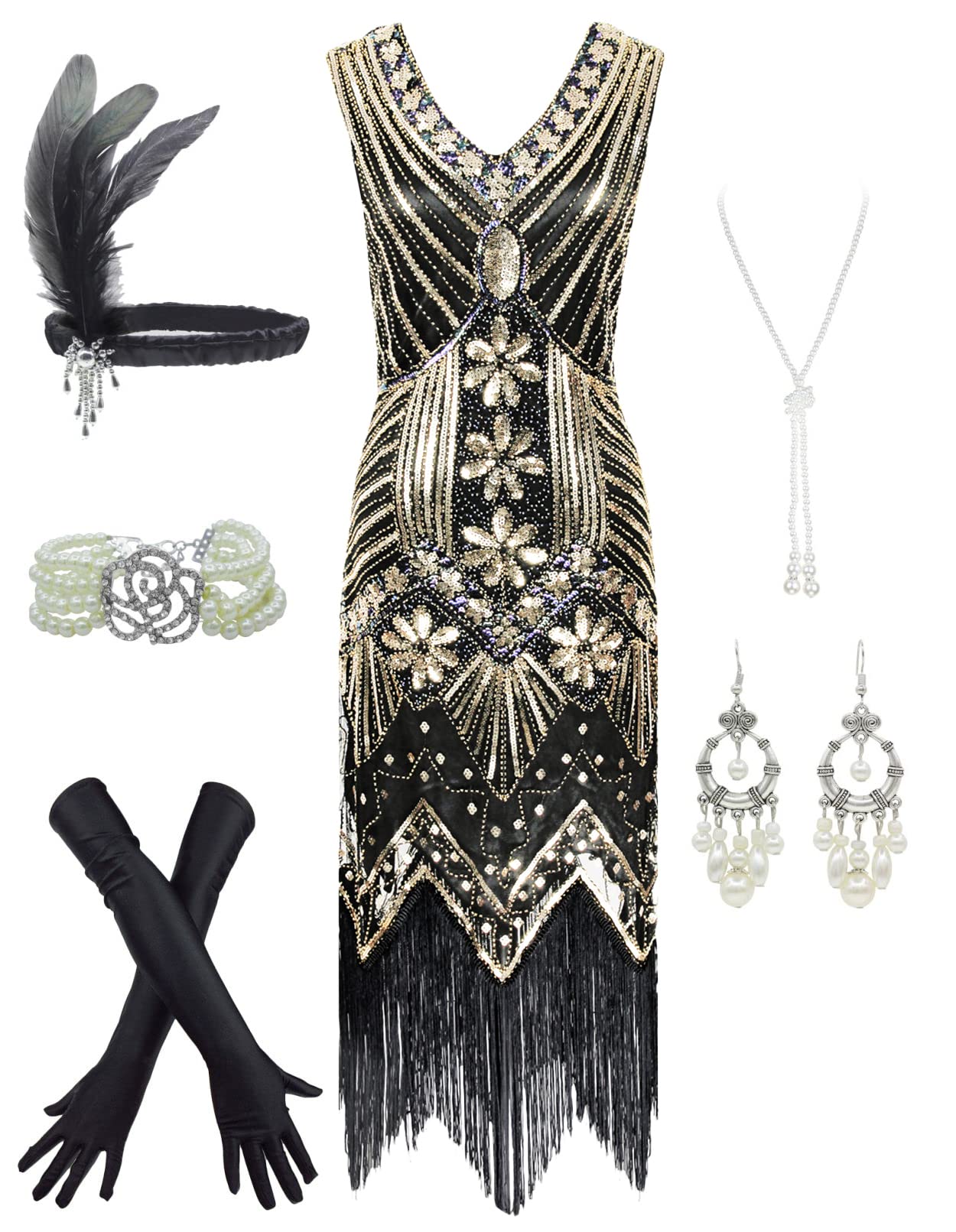 Women's 1920s Sequins Flapper Gatsby Cocktail Dress with 20s Headband Accessories Set