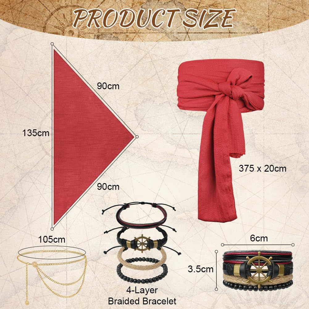 Alaoo 4 Pcs Pirate Costume Accessories Sets, Pirate Captain Accessories with Bandana Sash Belt - Image 2